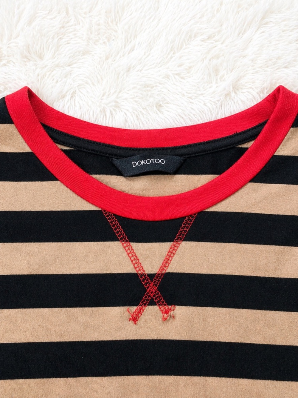 Dokotoo Striped Dress Medium Black Tan Red Accent Long Sleeve Pocket Casual Cute - Picture 2 of 4